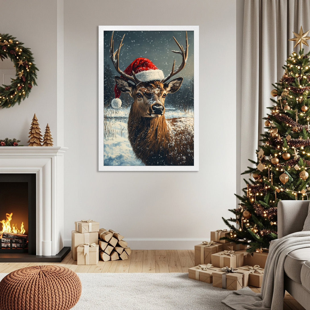 Framed Poster featuring a festive deer in a Santa hat, painted in a whimsical style with a wintery, neutral color palette. Perfect holiday decor!