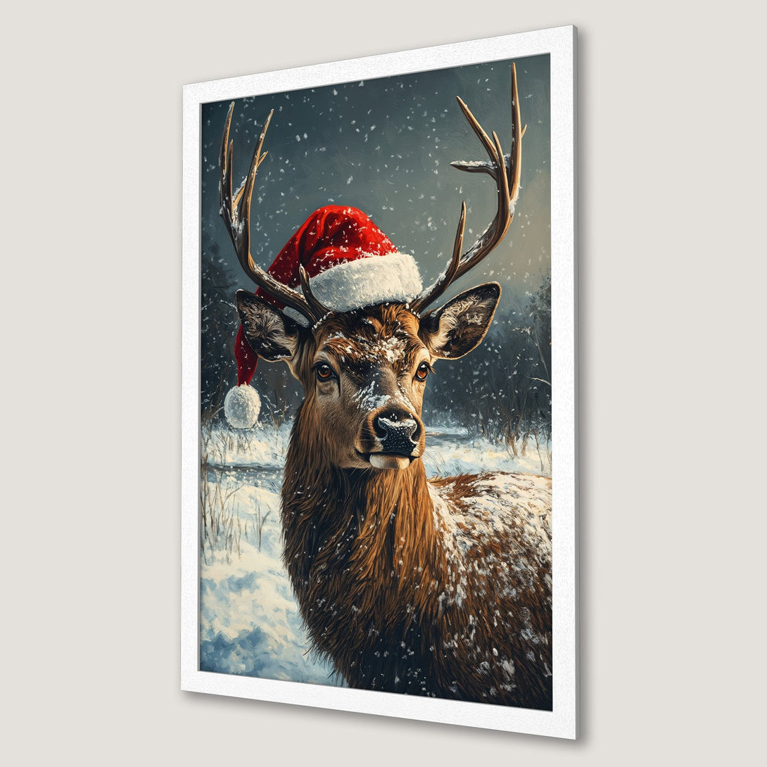 Framed Poster featuring a deer in a Santa hat, winter scene, warm brown tones, and a touch of red. Perfect holiday decor!