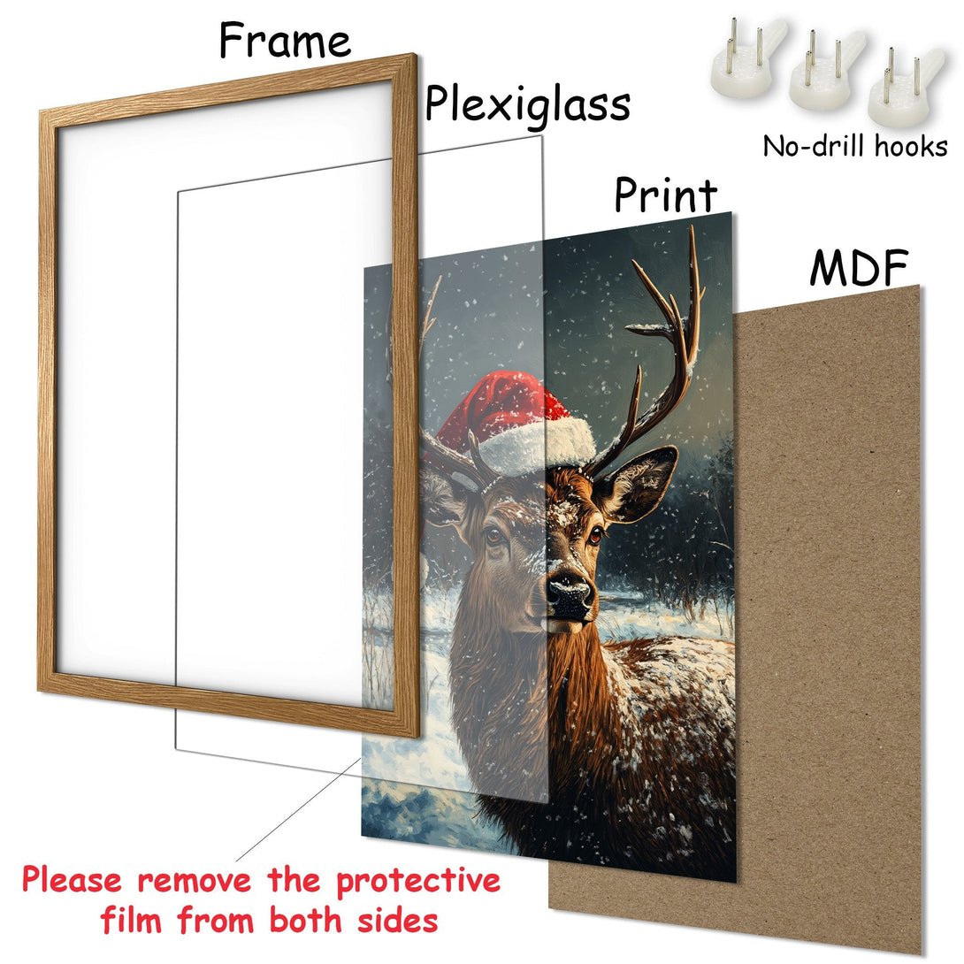 Framed Poster featuring a majestic deer in a winter scene. Earthy tones and cool blues create a cozy, artistic vibe. Perfect wall art!