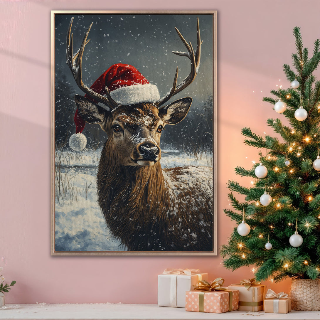 Framed Wall Art: Festive deer in a Santa hat. Winter scene with brown, red, and snowy white palette. Perfect Christmas decor for your home.