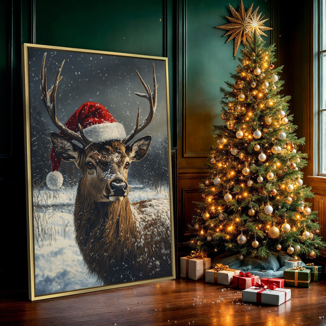 Canvas Print of a majestic deer wearing a Santa hat in a snowy winter scene. Warm browns & cool blues create a cozy, festive vibe. Perfect Christmas decor!