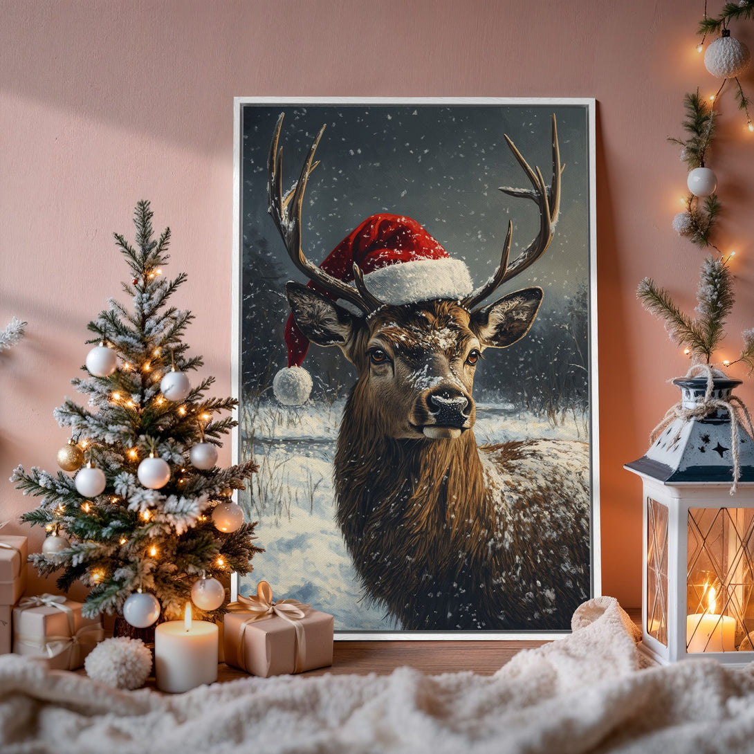 Framed Wall Art: Festive deer in a Santa hat. Winter scene with a warm color palette. Perfect Christmas decor for your home.