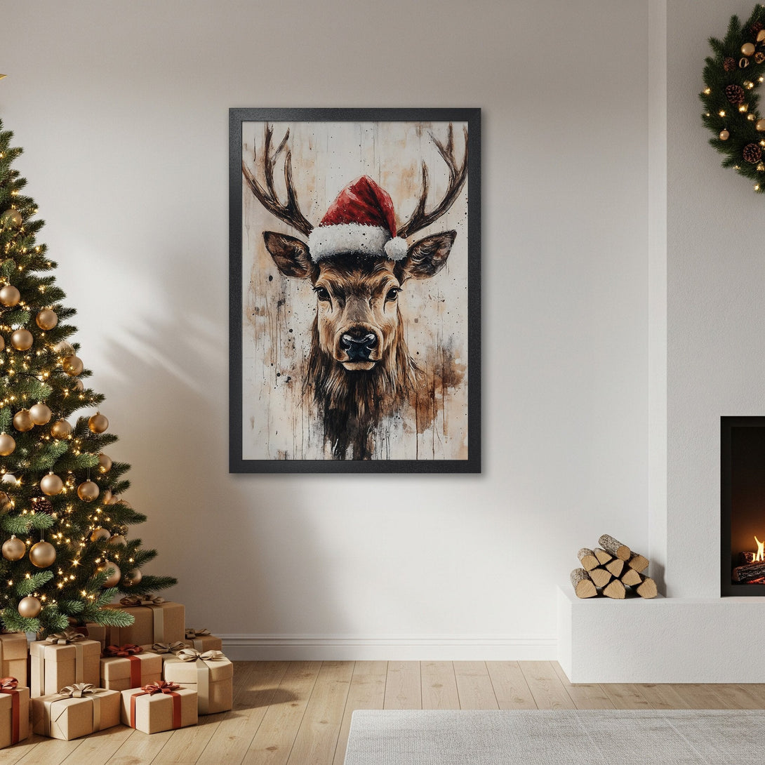 Framed Poster featuring a watercolor-style deer in a Santa hat. Warm, neutral color palette perfect for holiday decor.