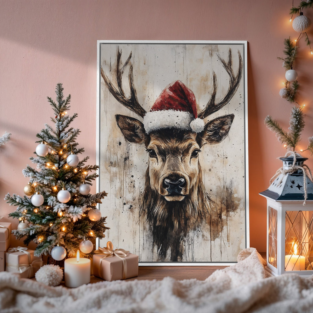 Framed Wall Art: Festive reindeer portrait in watercolor style, warm neutral tones with a pop of red. Perfect Christmas decor!