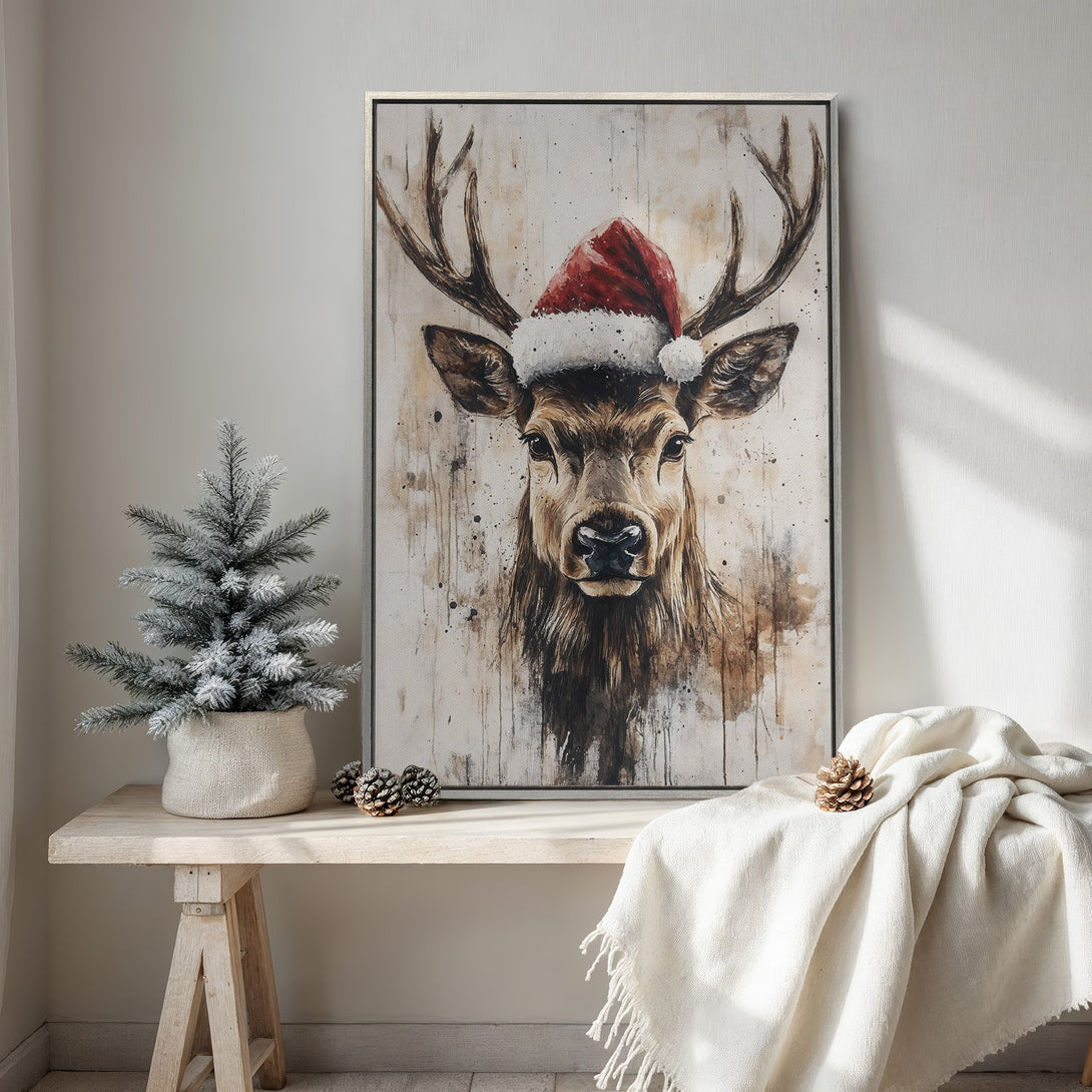 Framed Wall Art: Watercolor deer in Santa hat. Rustic style, neutral color palette. Perfect Christmas decor. Buy your Canvas Print today!