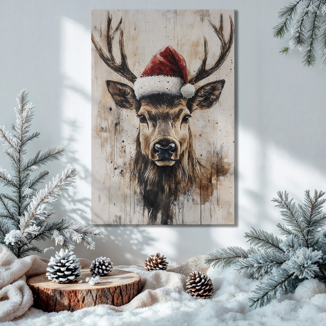 Framed Wall Art: Watercolor deer in Santa hat. Warm neutral tones. Perfect holiday decor. Adds rustic charm to any space.