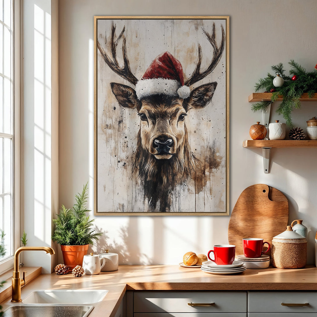 Framed Wall Art: Watercolor deer wearing Santa hat. Rustic style with warm brown, red, and neutral tones. Perfect for Christmas decor and adding a festive touch.
