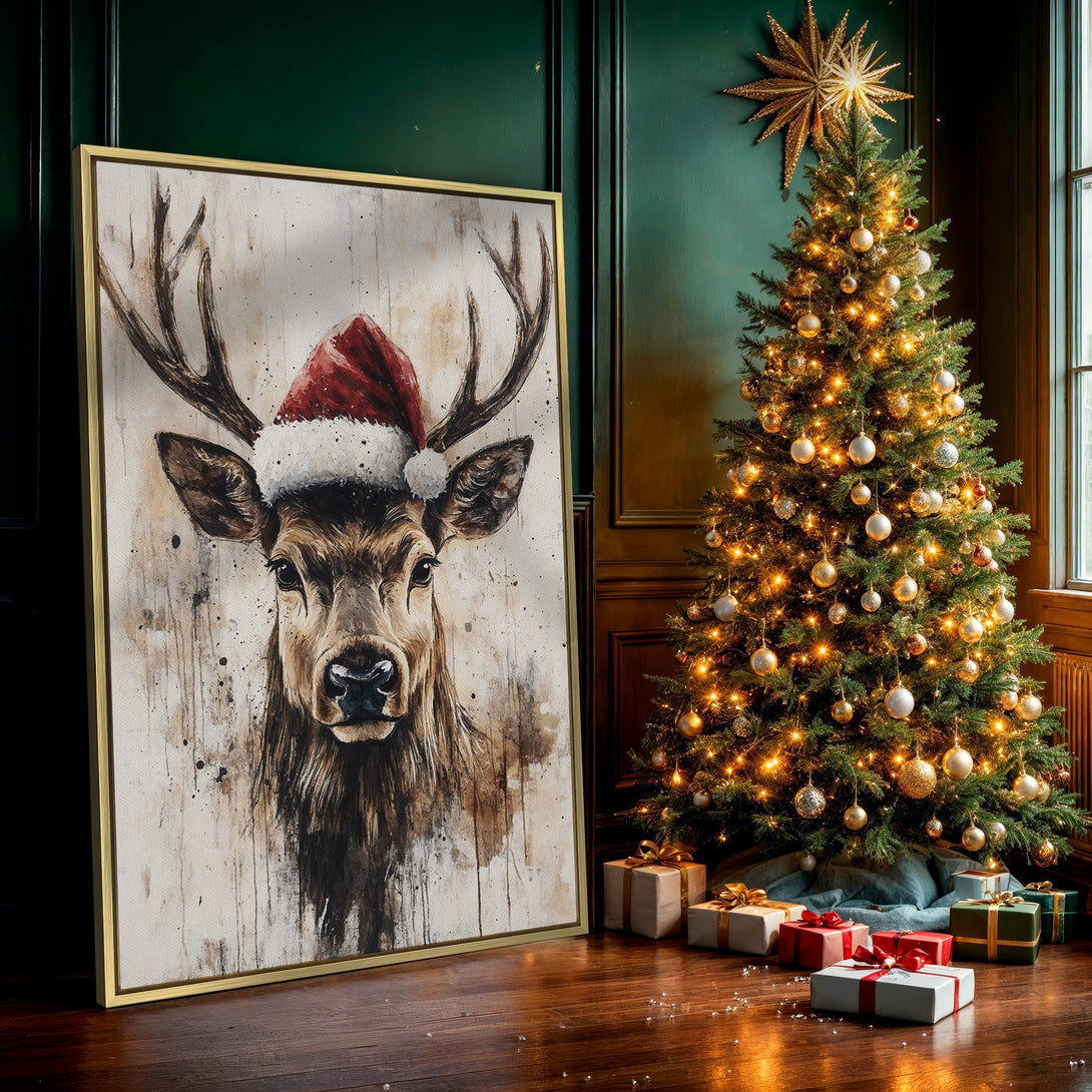Canvas Print featuring a festive deer wearing a Santa hat. Watercolor style art with warm brown and red tones, perfect holiday wall decor.