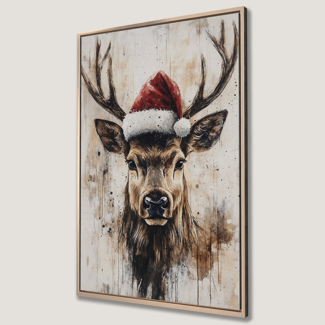 Framed Wall Art featuring a watercolor-style deer wearing a Santa hat. Warm brown and beige tones create a festive, rustic holiday vibe. Perfect Christmas decor.