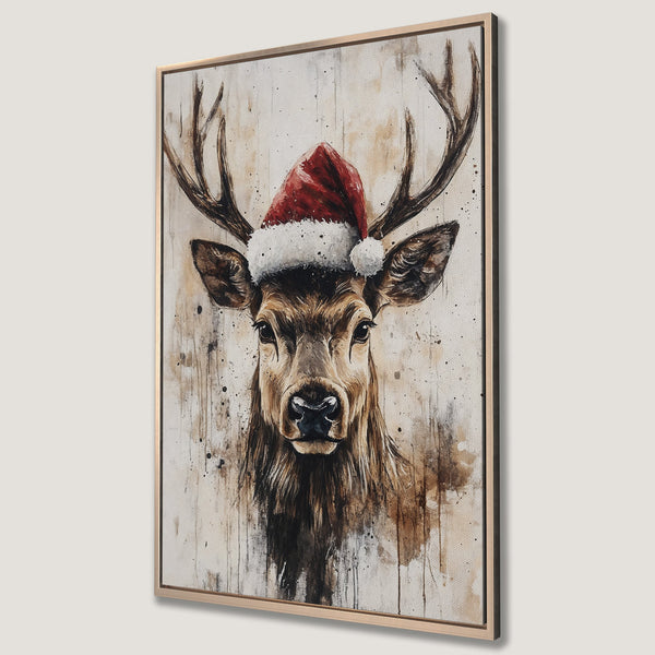 Framed Wall Art featuring a watercolor-style deer wearing a Santa hat. Warm brown and beige tones create a festive, rustic holiday vibe. Perfect Christmas decor.