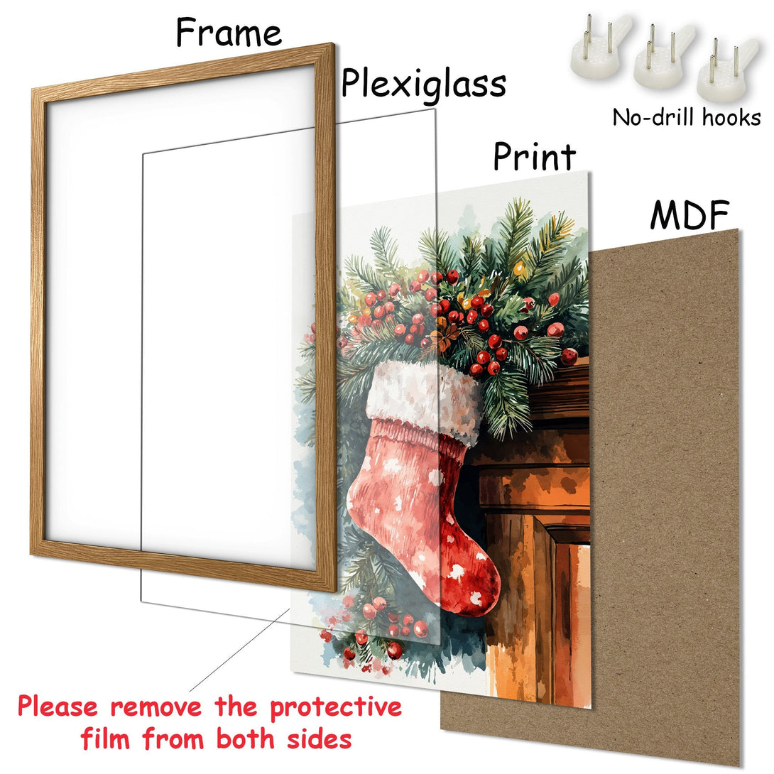 Framed Poster featuring a watercolor Christmas stocking with a warm color palette. Perfect holiday decor!