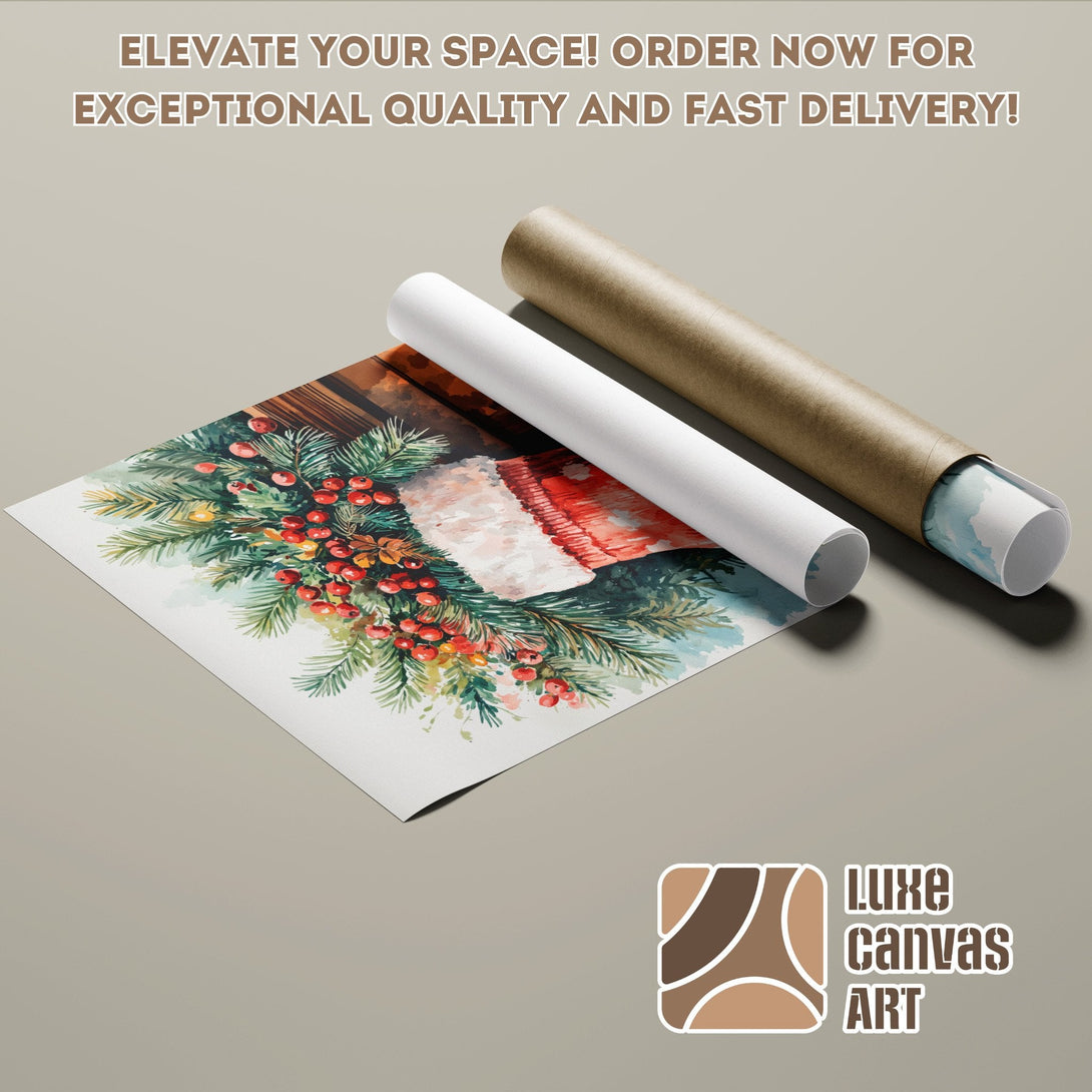 Watercolor Poster Roll with Christmas wreath design in green, red, and brown tones. Elevate your space!