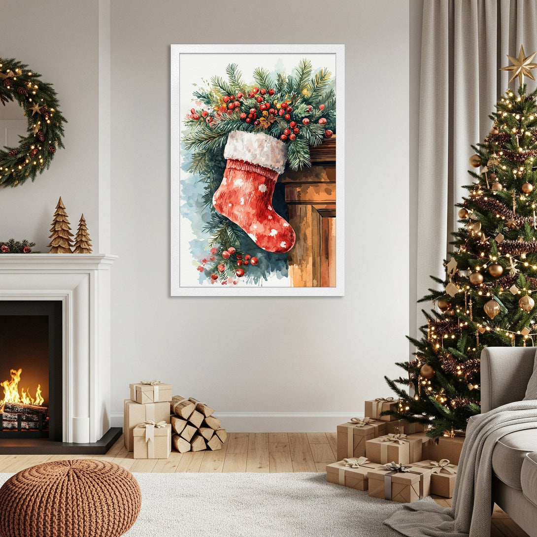 Framed Poster featuring a watercolor Christmas stocking art print. Festive decor with red, green, and white color palette. Perfect holiday wall art.