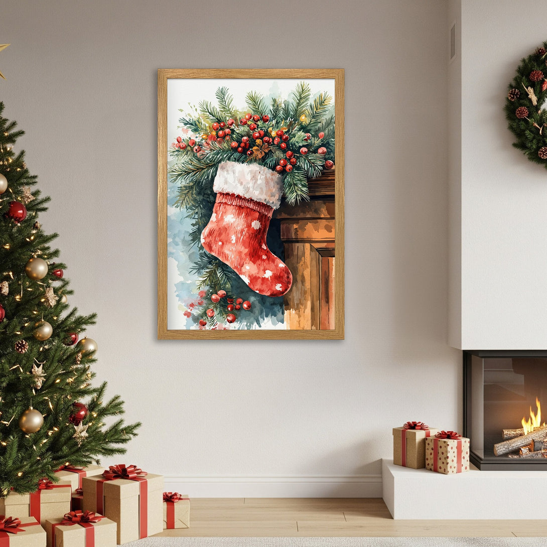 Framed Poster featuring a watercolor Christmas stocking. Festive art with red, green, and brown tones. Perfect holiday decor.