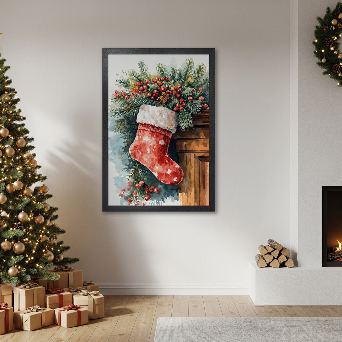 Framed Poster featuring a watercolor Christmas stocking. Festive decor with red, green, and neutral tones. Perfect holiday wall art!