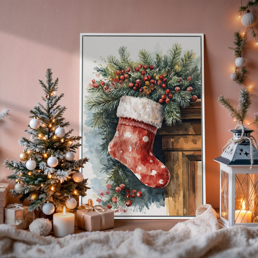 Framed Wall Art: Watercolor Christmas stocking print in a cozy interior. Featuring red, green, and white colors. Perfect holiday decor!