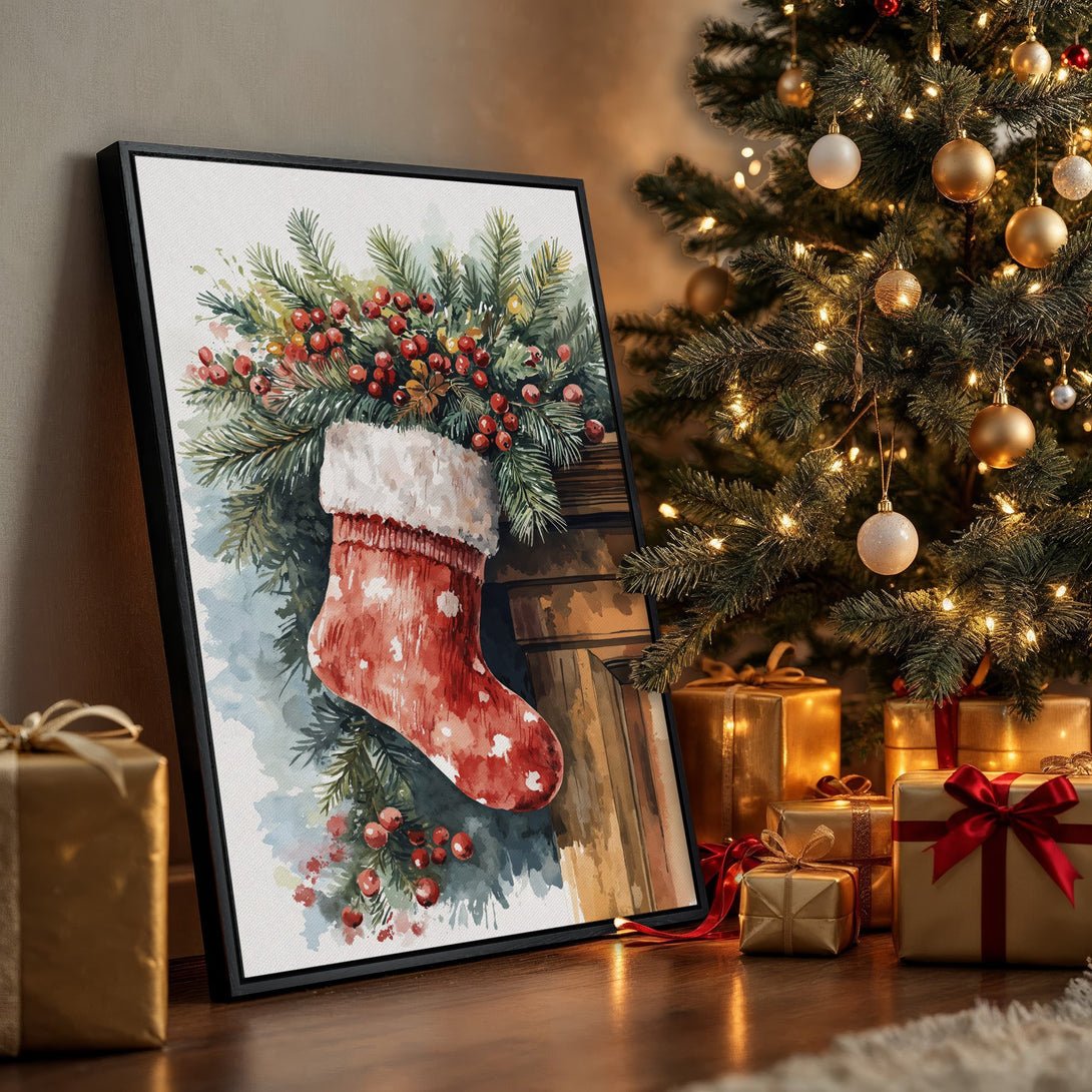 Framed Wall Art featuring a watercolor Christmas stocking with red berries and greenery. Festive holiday decor in a warm, inviting color palette.