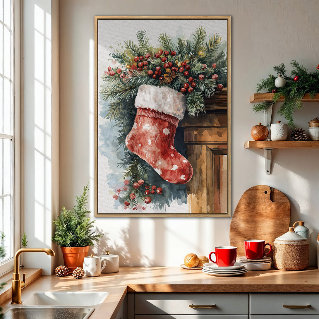 Framed Wall Art: Watercolor Christmas stocking print in a cozy kitchen. Features a festive red, green, and white color palette. Perfect holiday decor!