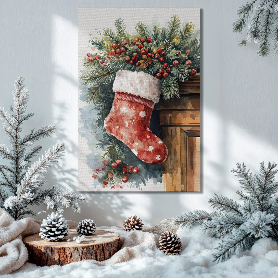 Framed Wall Art: Watercolor Christmas stocking print with red, green, and gold hues. Festive holiday decor for your home.