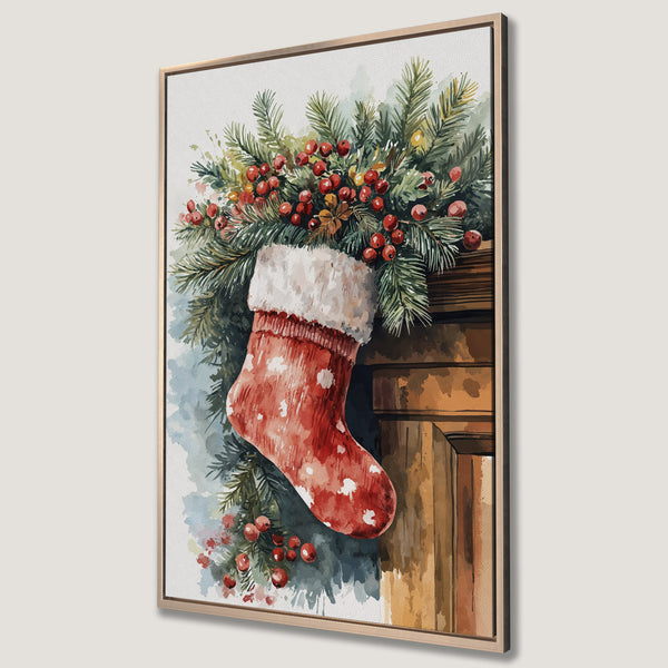 Framed Wall Art: Watercolor Christmas stocking with red berries and greenery. Warm, inviting color palette. Perfect holiday decor.
