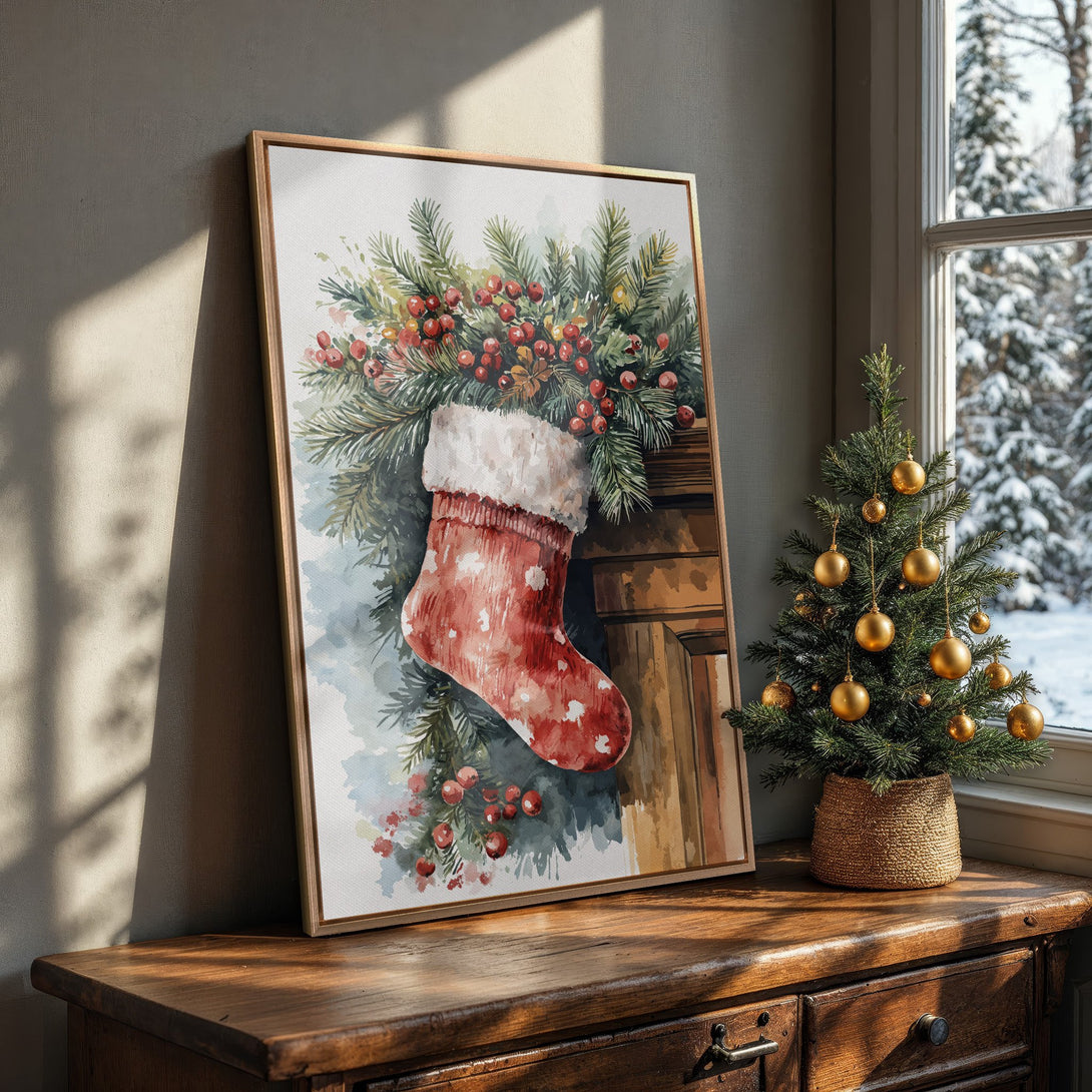 Framed Wall Art: Watercolor Christmas stocking print with red, green, and gold color palette. Perfect holiday decor for a cozy, festive home.