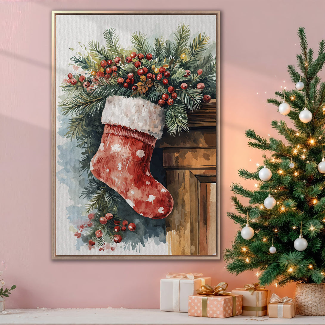 Framed Wall Art: Watercolor Christmas stocking print with red, green, and gold hues. Festive holiday decor for a cozy home.