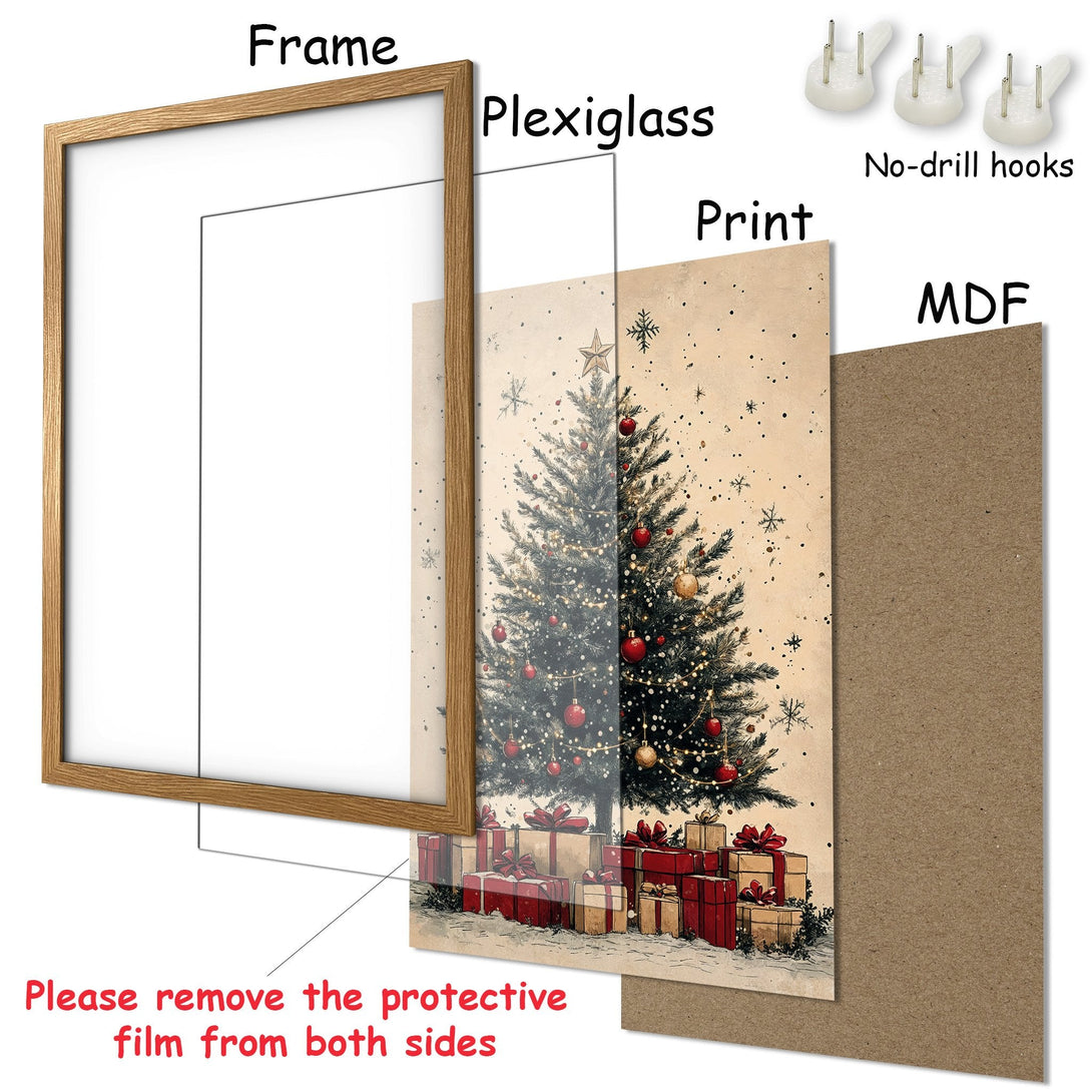 Framed Poster featuring a Christmas tree illustration in a vintage style, with a warm, neutral color palette. Perfect holiday decor!