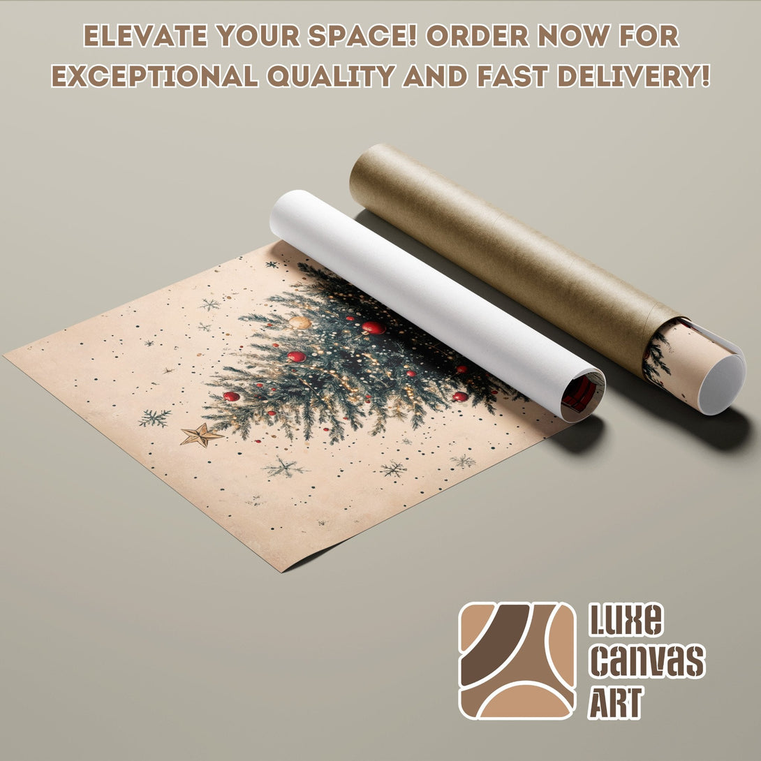 Christmas tree poster roll, vintage style, neutral tones. Elevate your space with Luxe Canvas Art!