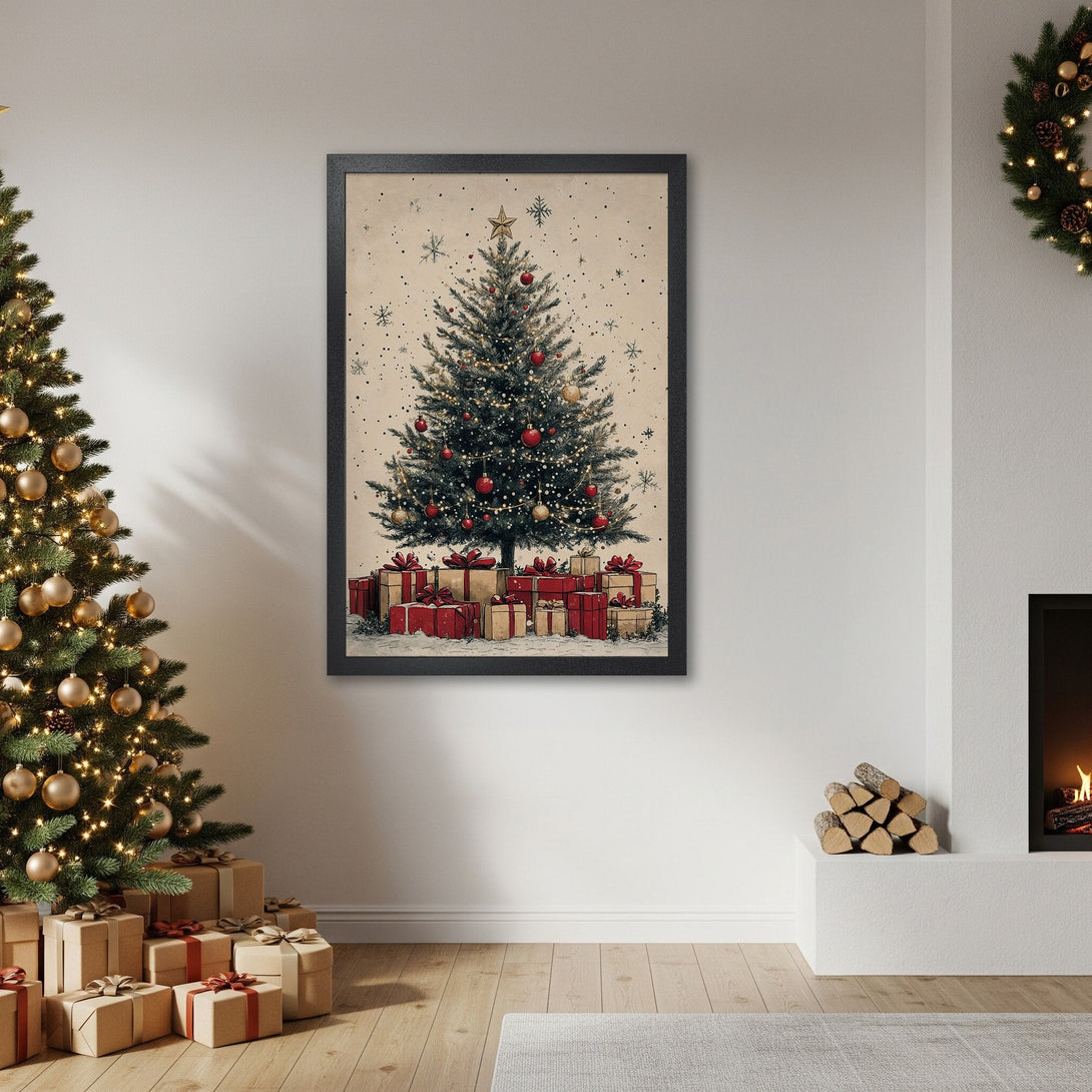 Framed Poster featuring a Christmas tree illustration in a vintage style with a warm, neutral color palette. Perfect holiday decor!