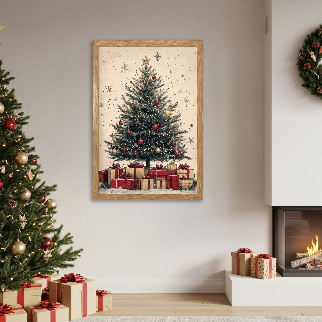 Framed Poster featuring a Christmas tree illustration in a vintage style with a warm, festive color palette. Perfect holiday decor!
