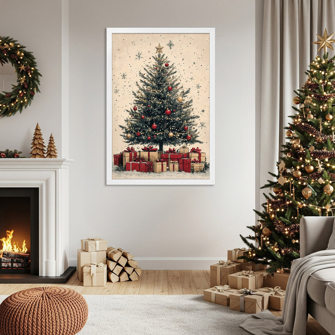 Framed Poster featuring a Christmas tree illustration in a vintage style with warm, festive colors. Perfect holiday decor!