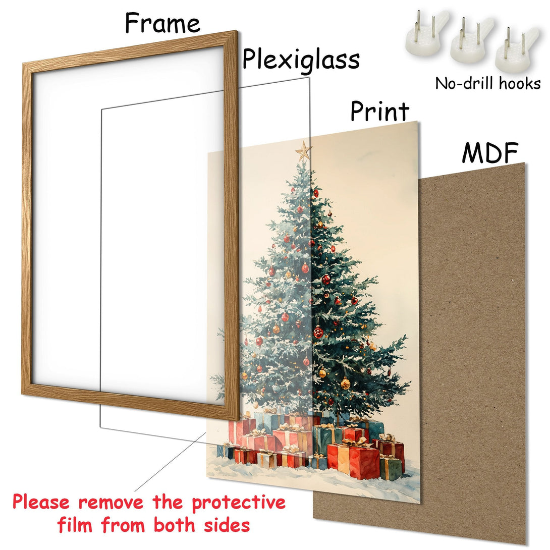 Framed Poster featuring a watercolor Christmas tree, warm color palette, and ready-to-hang design. Perfect holiday decor!