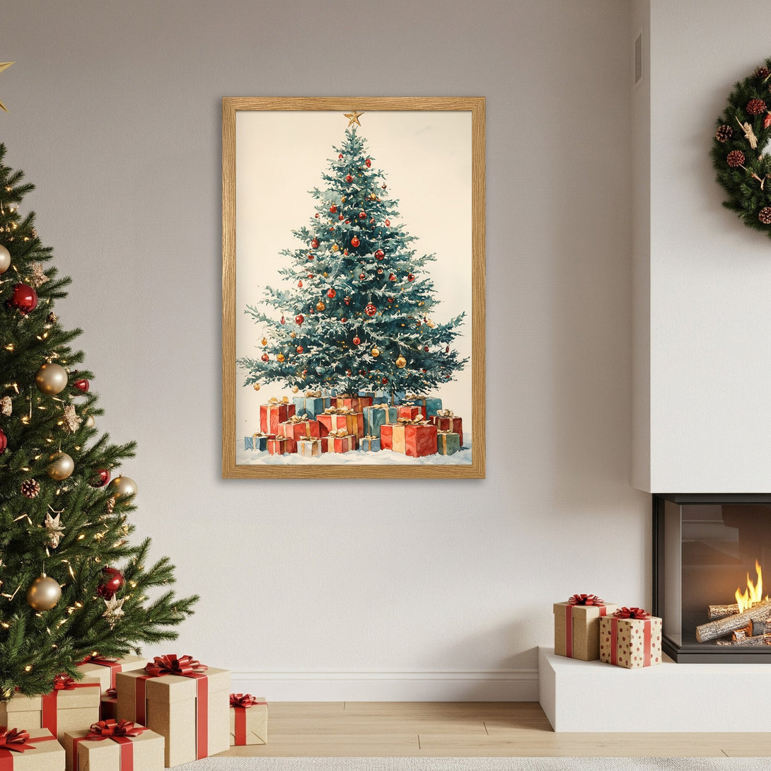 Framed Poster featuring a watercolor Christmas tree, warm reds and greens, perfect holiday decor.