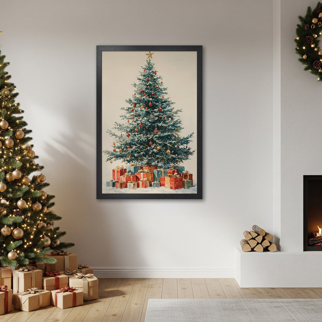 Framed Poster featuring a watercolor Christmas tree, warm colors, and festive decor. Perfect holiday art!