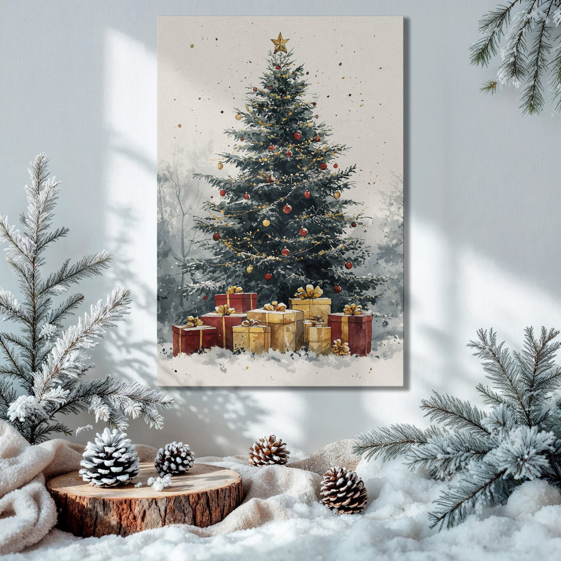 Framed Wall Art: Watercolor Christmas tree print with gold frame, warm color palette, perfect for holiday decor.