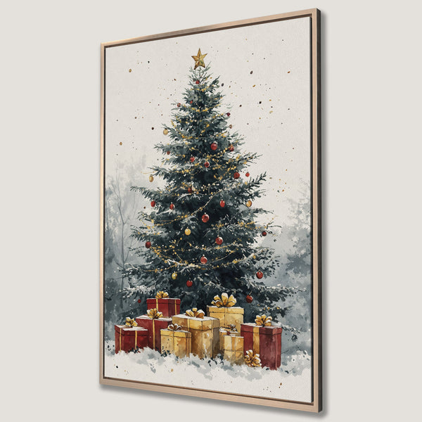 Framed Wall Art: Watercolor Christmas tree with gifts. Festive holiday decor in a wintery blue, red, and gold palette. Perfect for cozy home interiors.