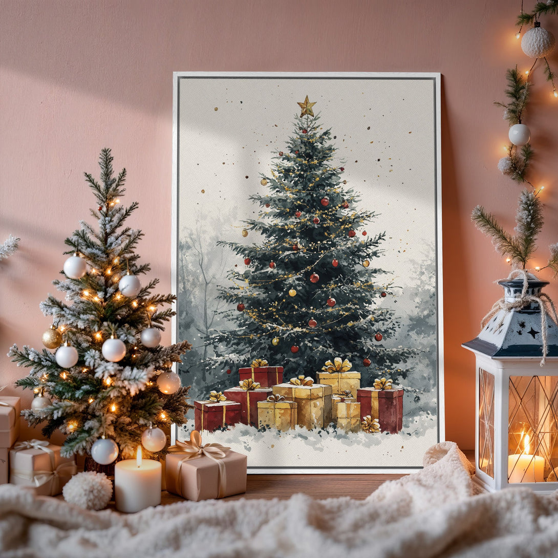Framed Wall Art: Watercolor Christmas tree print with warm red and gold accents. Perfect festive decor for your home!