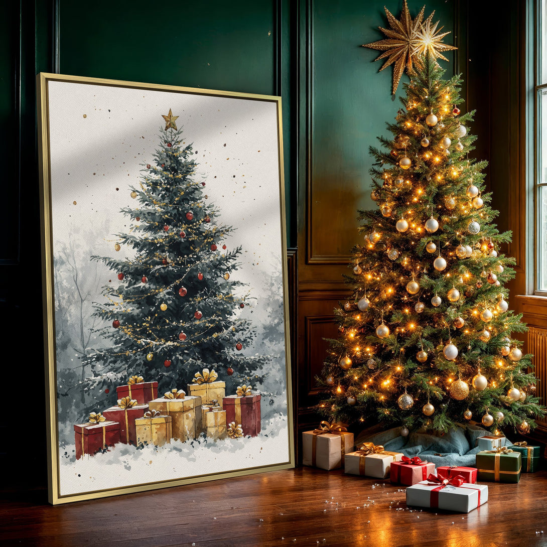 Canvas Print of a watercolor Christmas tree with gifts, showcasing a festive winter scene in a muted green, red, and gold color palette.