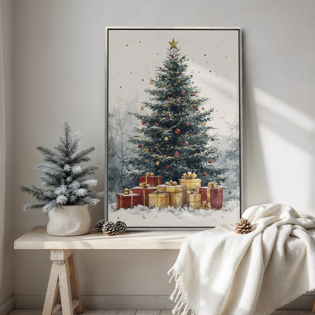 Framed Wall Art: Watercolor Christmas tree print with red & gold ornaments. Festive decor in a neutral, cozy interior. Perfect holiday gift!