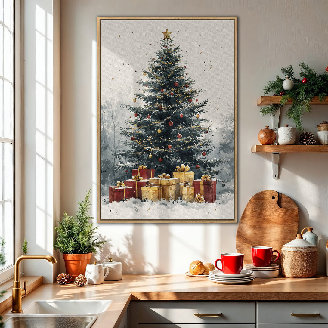 Framed Wall Art: Watercolor Christmas tree print with red & gold ornaments. Festive holiday decor in a cozy kitchen setting. Neutral & warm color palette.