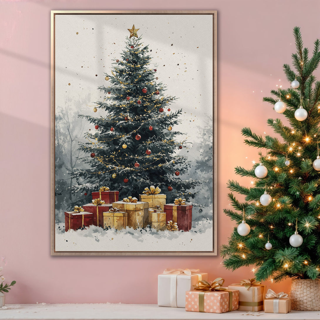 Framed Wall Art featuring a watercolor Christmas tree. Warm, inviting color palette with reds, golds, and greens. Perfect holiday decor.