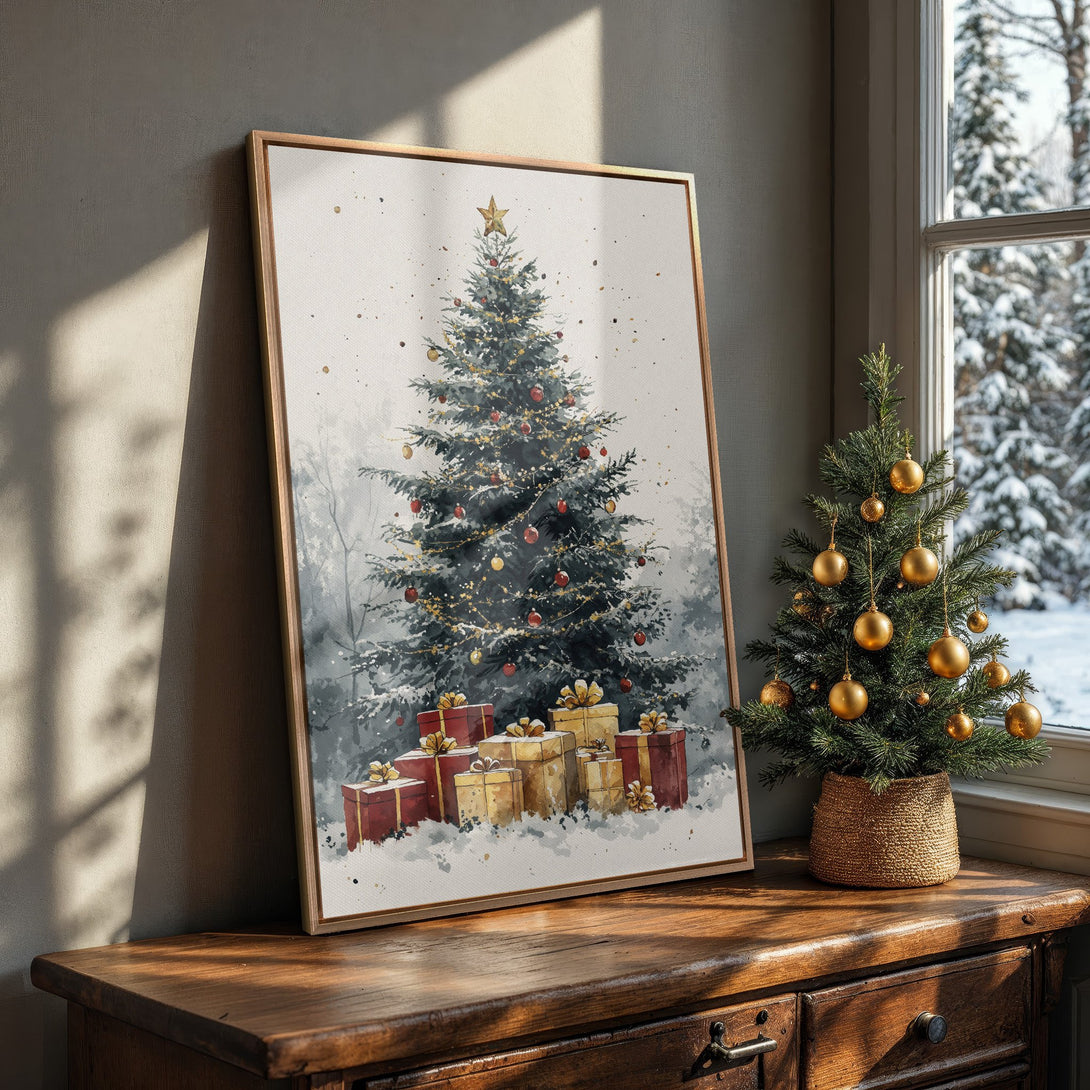 Framed Wall Art featuring a watercolor Christmas tree with gifts. Warm, inviting tones of red, gold, and green create a cozy holiday vibe. Perfect festive decor!