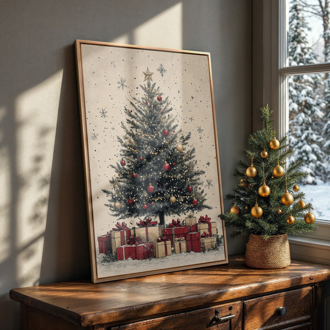 Framed Wall Art: Vintage Christmas tree print with red and gold accents in a cozy interior. Perfect holiday decor for a warm, inviting space.