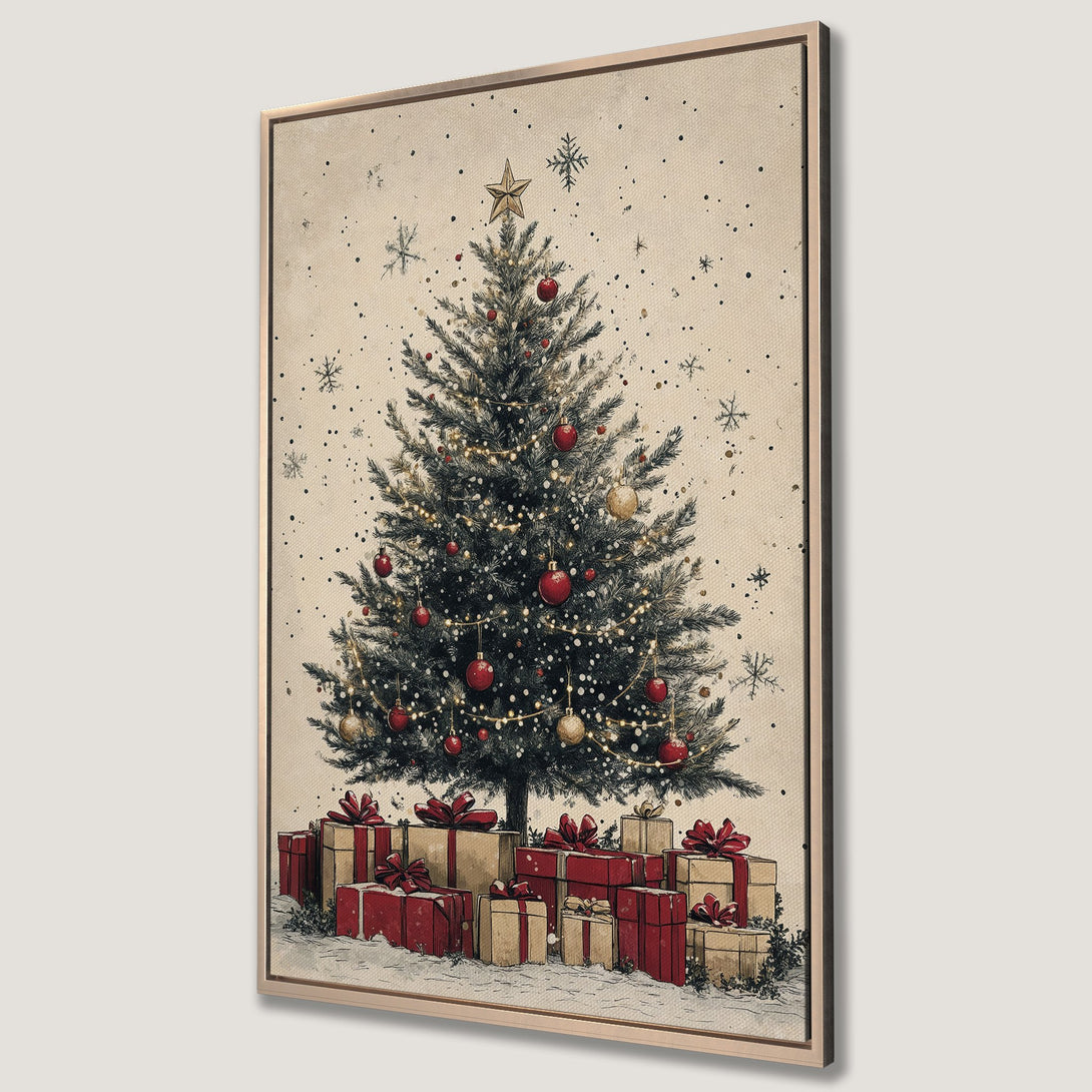 Framed Wall Art featuring a vintage Christmas tree with red and gold ornaments. Rustic style canvas print with a warm, neutral color palette. Perfect holiday decor!