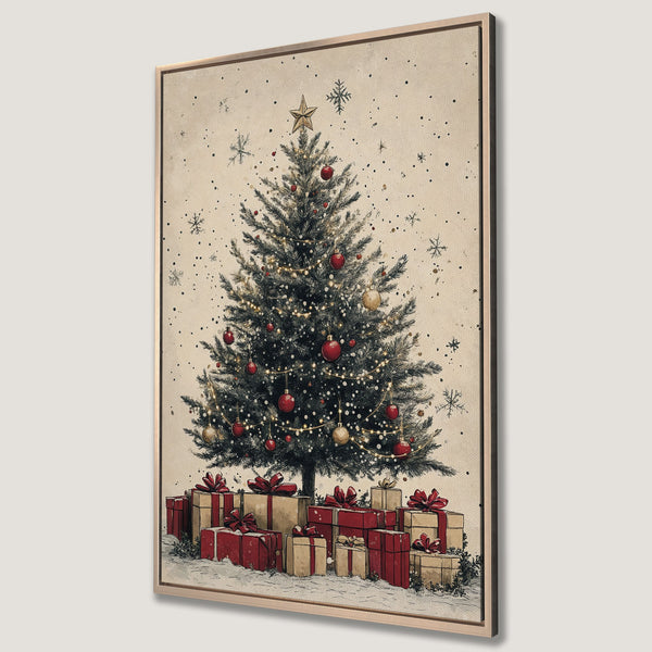 Framed Wall Art featuring a vintage Christmas tree with red and gold ornaments. Rustic style canvas print with a warm, neutral color palette. Perfect holiday decor!