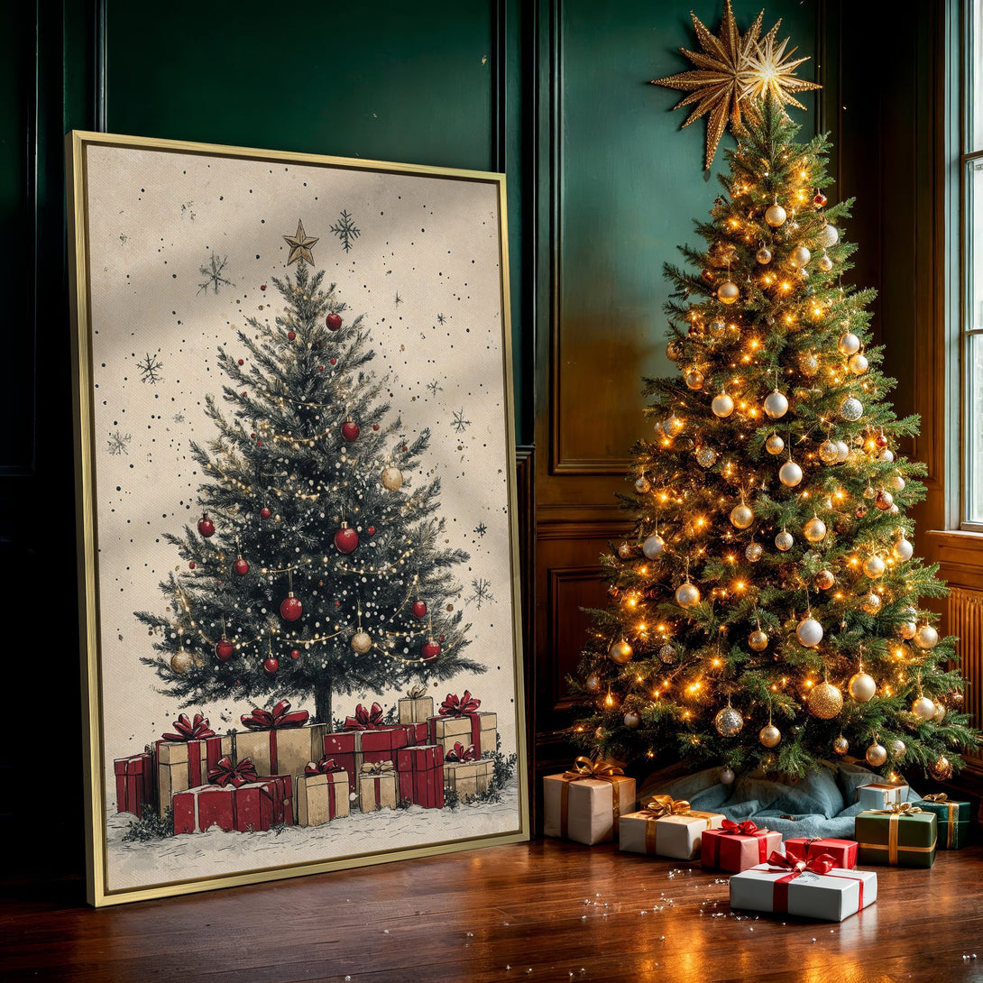 Canvas Print of a festive Christmas tree in vintage style, featuring red and gold ornaments. Warm, neutral color palette perfect for holiday decor.
