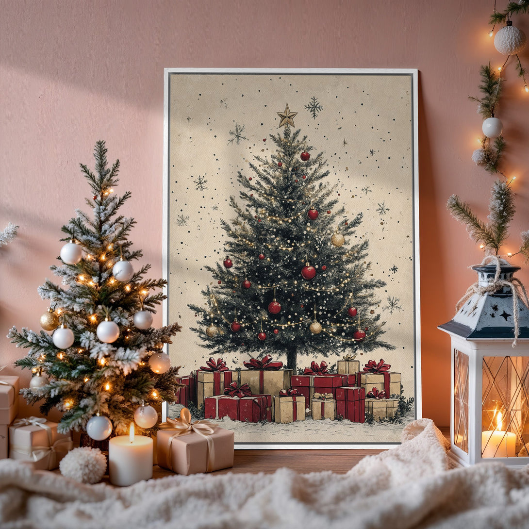 Framed Wall Art: Vintage Christmas tree print with red, gold, and neutral tones. Cozy holiday decor, perfect for adding warmth to any space.