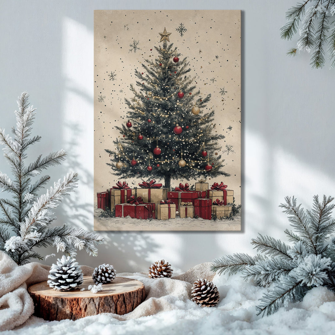 Framed Wall Art: Christmas tree illustration in a cozy interior. Vintage style with red, gold, and green color palette. Perfect holiday decor.