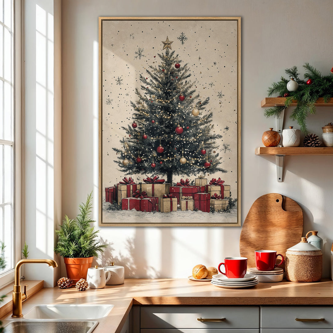 Framed Wall Art featuring a vintage Christmas tree with red ornaments and gifts. Warm, neutral color palette adds cozy holiday charm to any space.