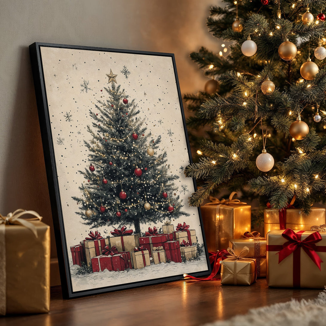 Framed Wall Art: Vintage Christmas tree illustration in a cozy interior. Warm, festive color palette with golds, reds, and greens. Perfect holiday decor!